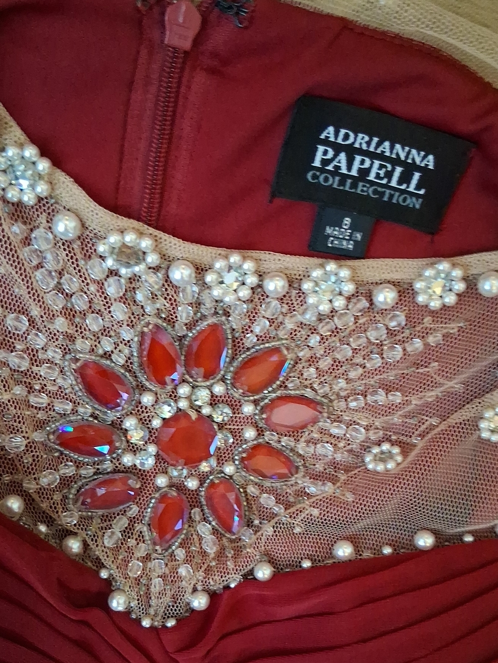 Adrianna Papell Deep Red Beaded Illusion Neck Cocktail Pleated Dress Medium - Picture 9 of 16